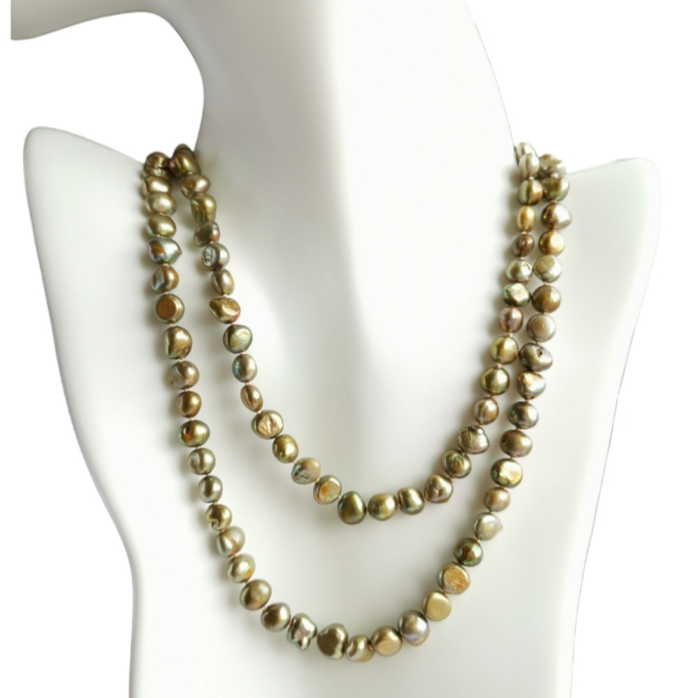 Genuine Bronze green freshwater pearl rope necklace 46" 🆕